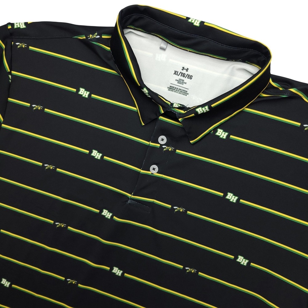 Under Armour Polo Shirt Mens XL Black Stripe BH Hornet School Stretch Top